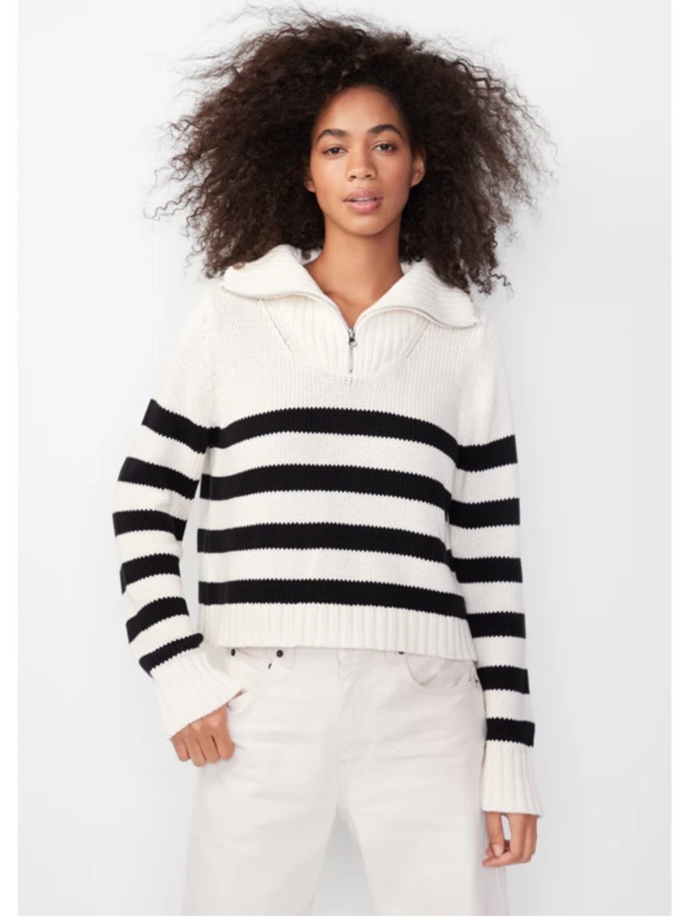 KULE Cream and Black Striped Half-Zip Sweater